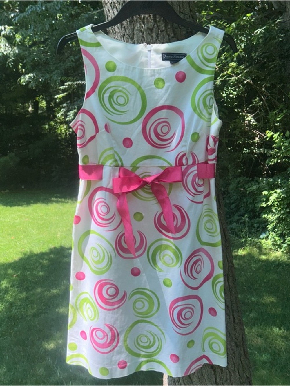 Y2K Jessica Howard Pink & Green Swirl Print Midi Dress with Front Ribbon